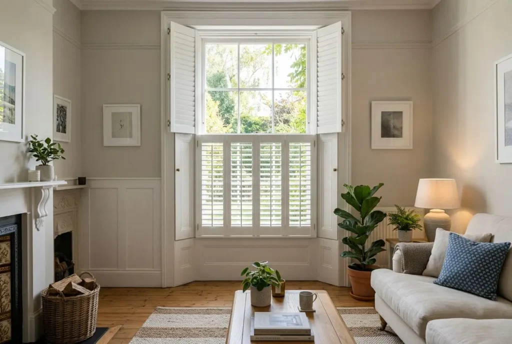 Bright living room with a large bay window featuring white tier on tier shutters; cosy seating, plants, and a wooden coffee table.