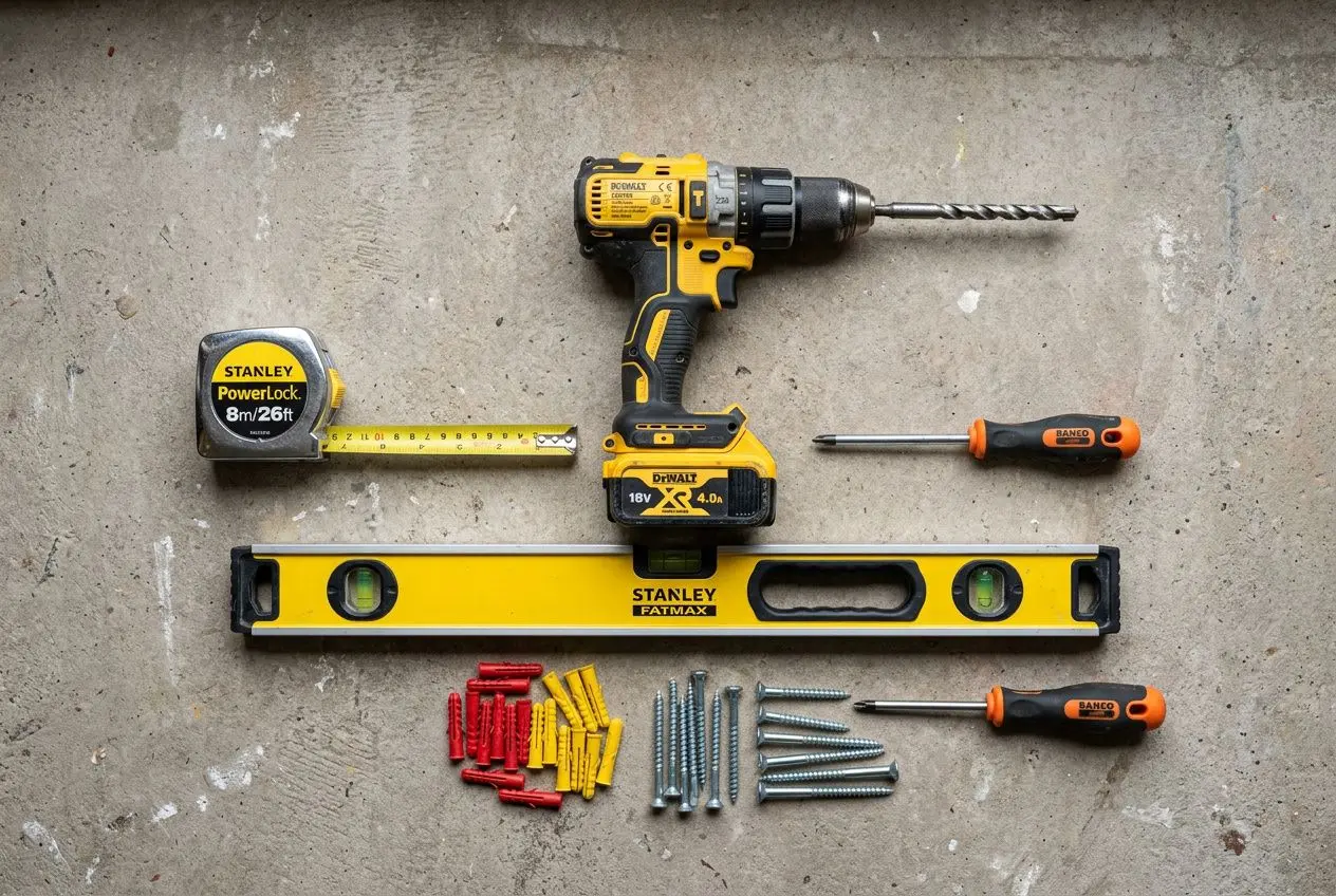 Power drill, screws and wall plugs laid out for how to install shutters on brick; includes tape measure, level and screwdrivers.