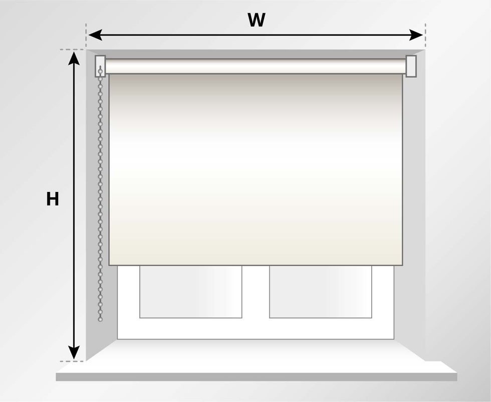 Diagram showing a roller blind mounted inside a window recess, with width W and height H labeled. The chain drive on the left and the blind covering the lower half of the window are visible. Suitable for measuring windows for blinds uk.