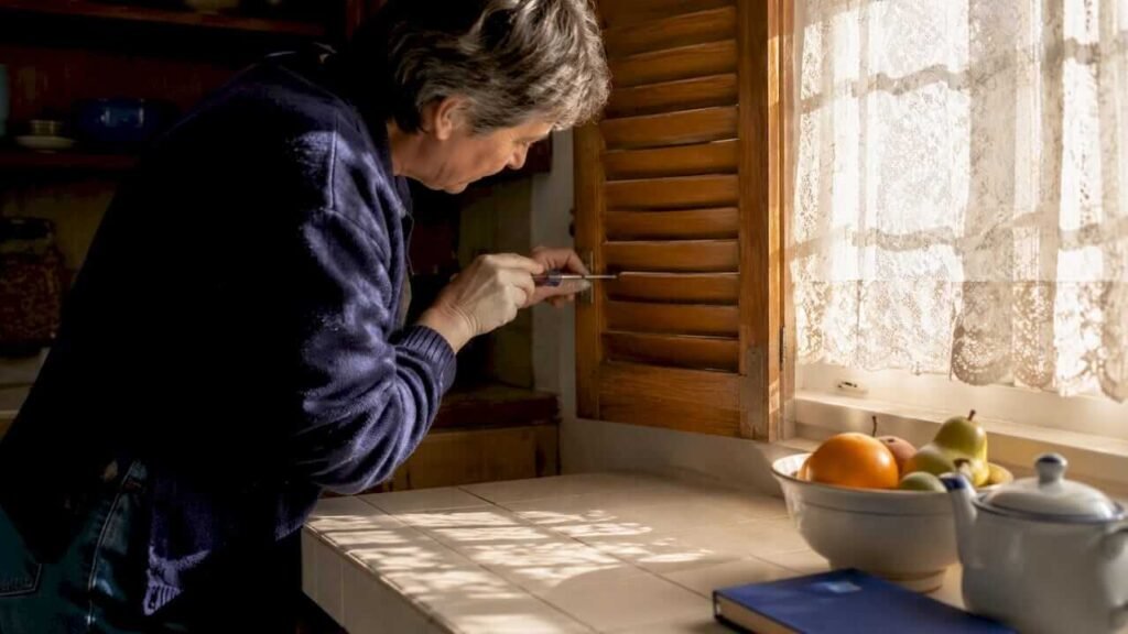 A person in a dark sweater adjusts a wooden plantation shutter with a small tool, near a sunlit kitchen window. How to adjust tension on shutters.